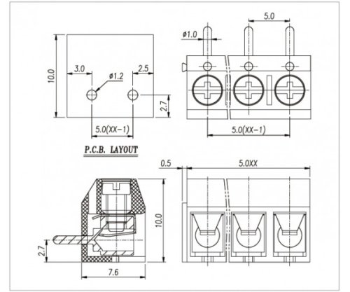 Клеммник винтовой, угловой WJ301R-5.0-02P
