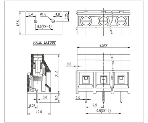 Клеммник винтовой WJ950-9.5-02P