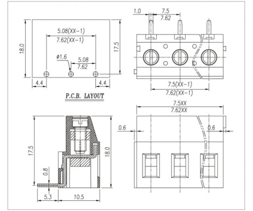 Клеммник винтовой, угловой WJ129R-7.5-02P